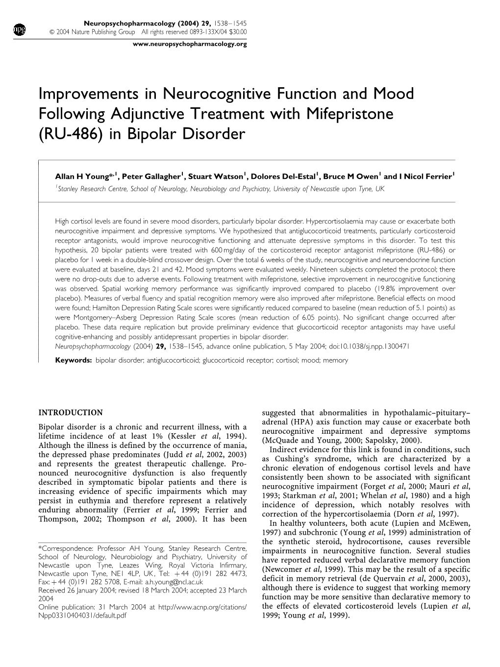 Improvements in Neurocognitive Function and Mood Following Adjunctive Treatment with Mifepristone (RU-486) in Bipolar Disorder