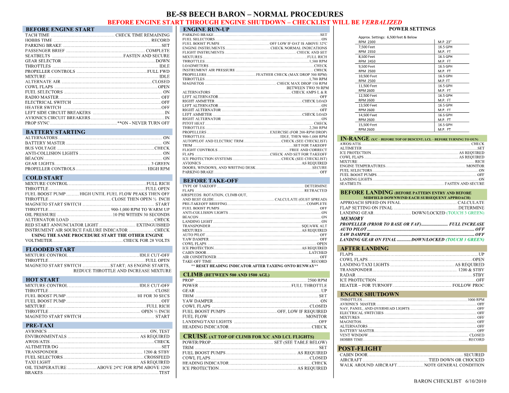 Be-58 Beech Baron – Normal Procedures - DocsLib