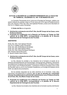 Acta De La Reunión De La Comisión Permanente De La Facultad De Farmacia, Celebrada El Día 1 6 De Marzo De 2018