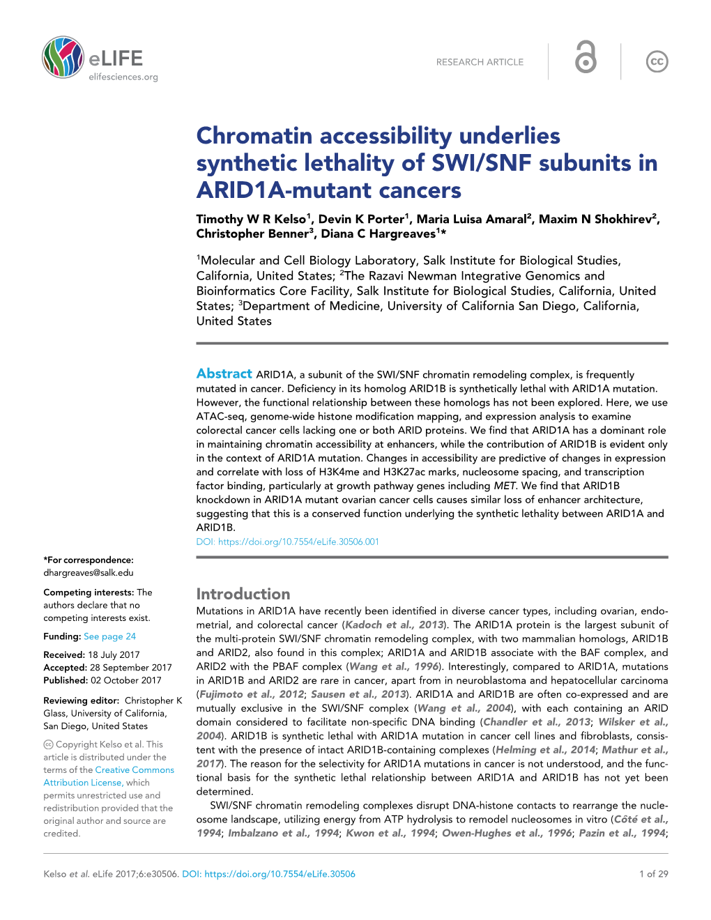 Chromatin Accessibility Underlies Synthetic Lethality of SWI/SNF