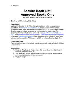 List of Approved Books for Children and Their Parents Updated September 2012