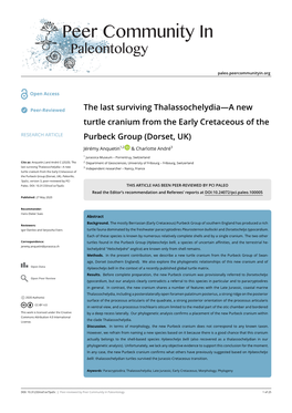 The Last Surviving Thalassochelydia—A New Turtle Cranium from the Early Cretaceous of the RESEARCH ARTICLE Purbeck Group (Dorset, UK)