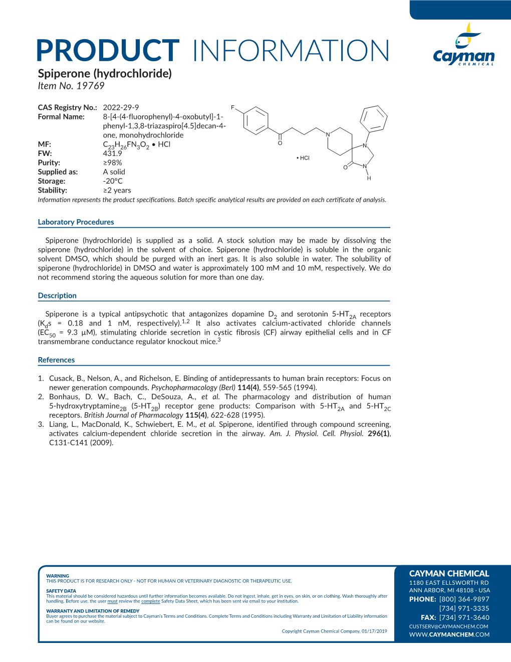 PRODUCT INFORMATION Spiperone (Hydrochloride) Item No