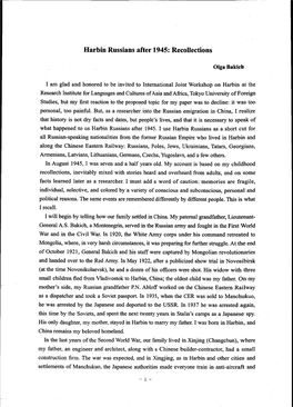 Page 1 Harbin Russians After 1945: Recollections Olga Bakich I Am