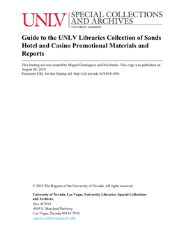 Guide to the UNLV Libraries Collection of Sands Hotel and Casino Promotional Materials and Reports