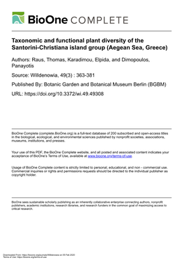 Taxonomic and Functional Plant Diversity of the Santorini-Christiana Island Group (Aegean Sea, Greece)