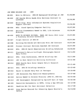 JSC NEWS RELEASE LOG 1989 89-001 Note to Editors