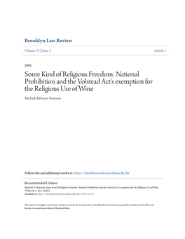 National Prohibition and the Volstead Act's Exemption for the Religious Use of Wine Michael Dehaven Newsom