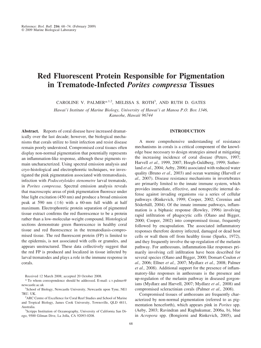 Red Fluorescent Protein Responsible for Pigmentation in Trematode-Infected Porites Compressa Tissues