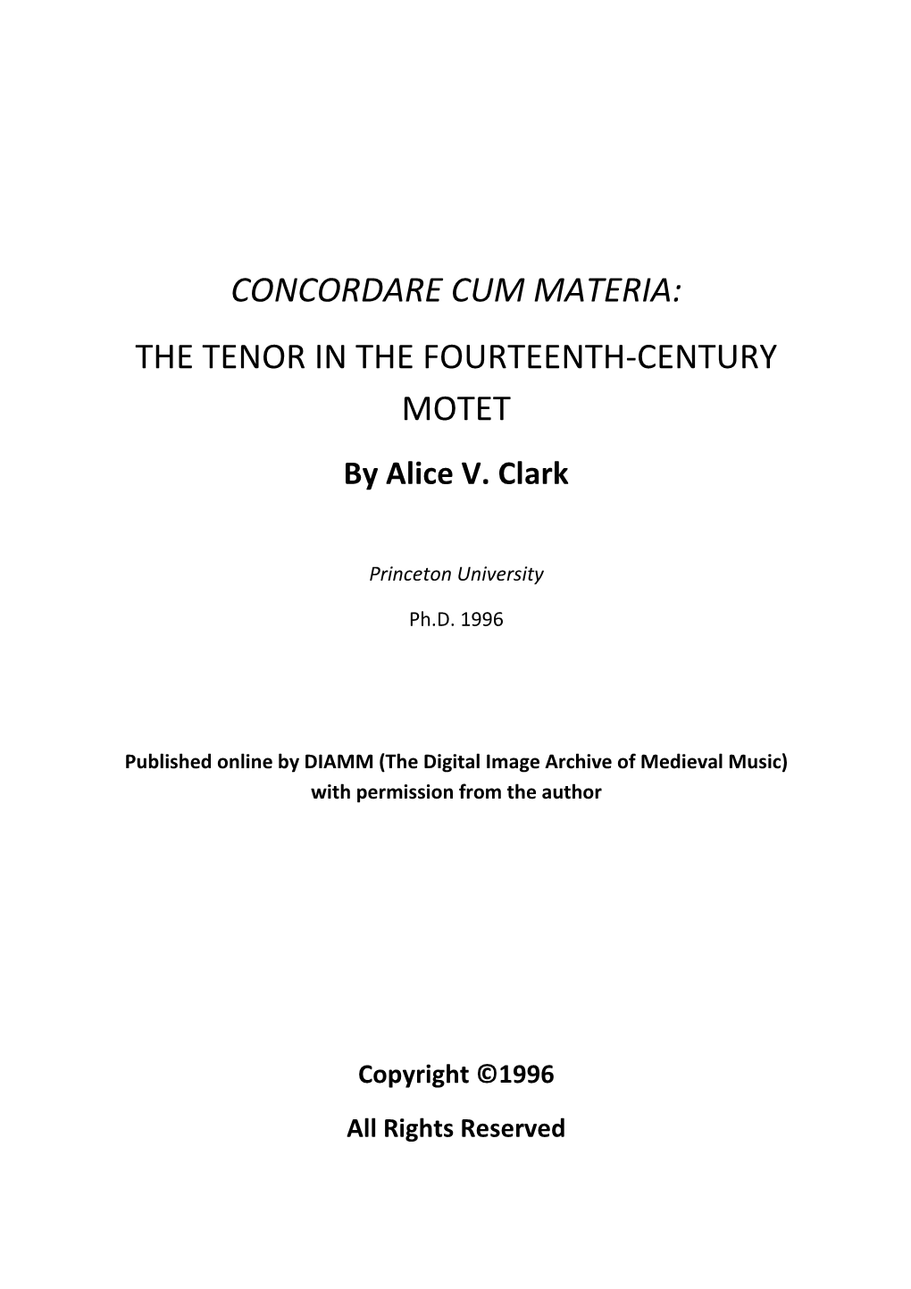 Concordare Cum Materia: the Tenor in the Fourteenth-Century Motet