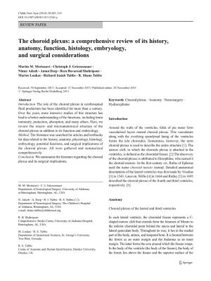 The Choroid Plexus: a Comprehensive Review of Its History, Anatomy, Function, Histology, Embryology, and Surgical Considerations