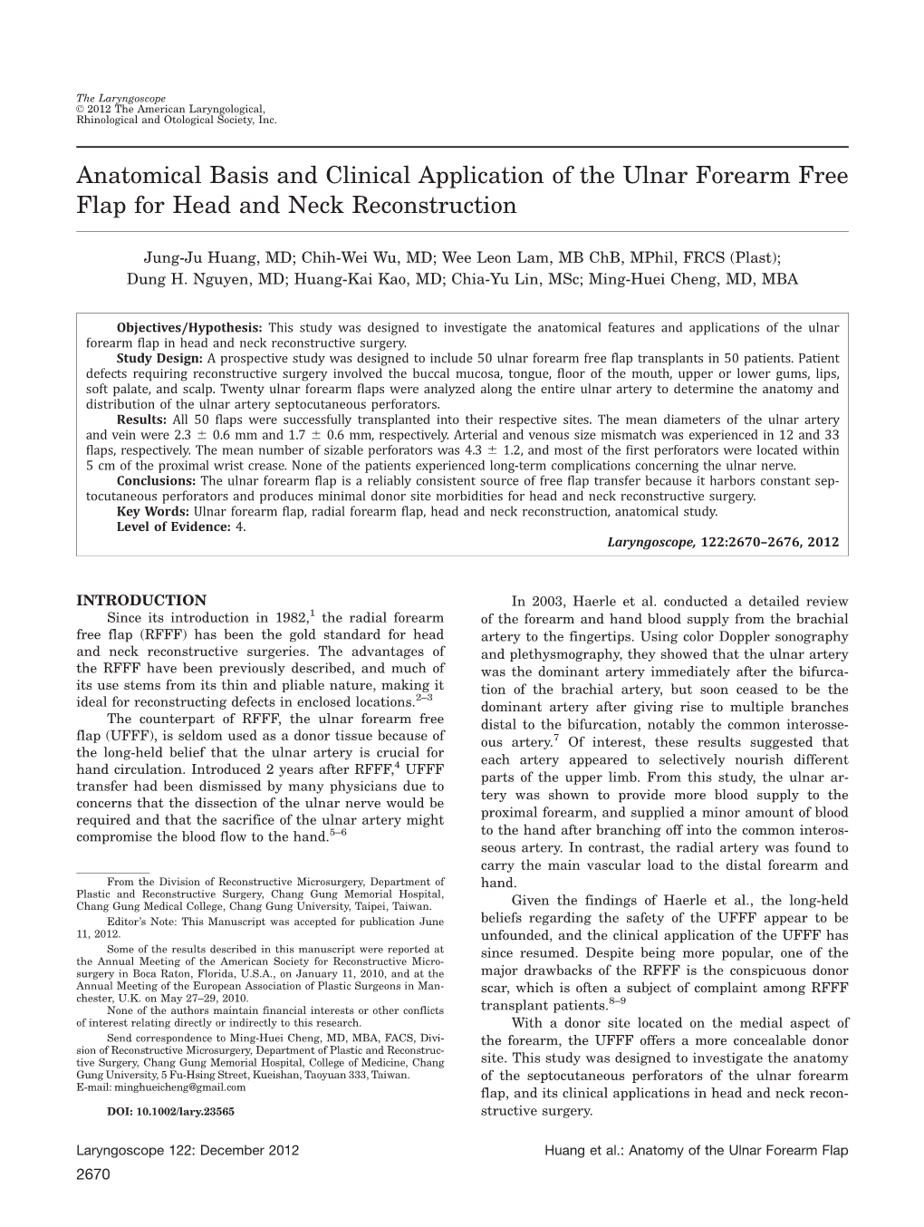 Anatomical Basis and Clinical Application of the Ulnar Forearm Free Flap for Head and Neck Reconstruction