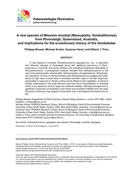 A New Species of Miocene Wombat (Marsupialia, Vombatiformes) from Riversleigh, Queensland, Australia, and Implications for the Evolutionary History of the Vombatidae