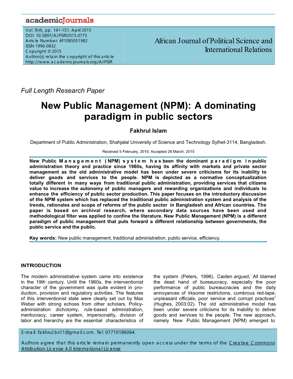 New Public Management (NPM): a Dominating Paradigm in Public Sectors