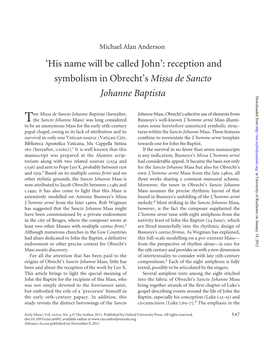 Reception and Symbolism in Obrecht's Missa De Sancto Johanne Baptista
