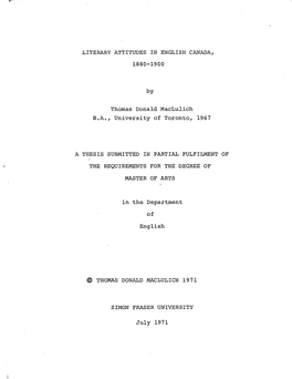 Literary Attitudes in English Canada, 1880-1900