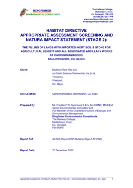 Habitat Directive Appropriate Assessment Screening and Natura Impact Statement (Stage 2)