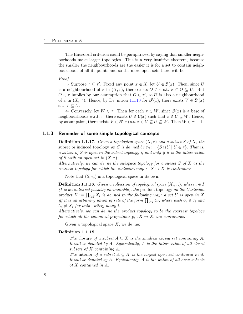 1.1.3 Reminder of Some Simple Topological Concepts Deﬁnition 1.1.17