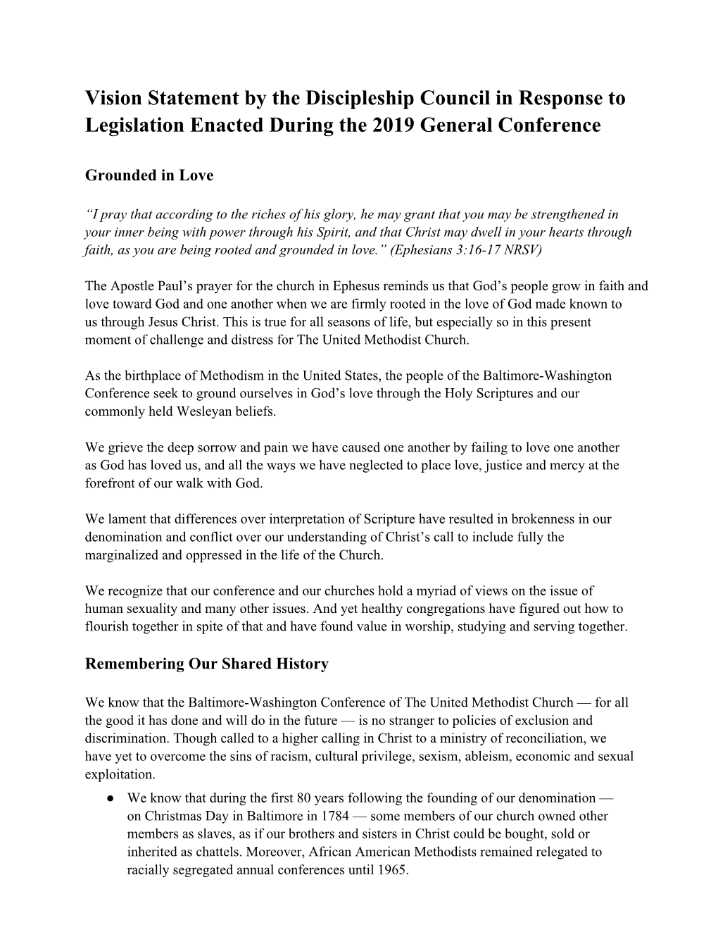 Vision Statement by the Discipleship Council in Response to Legislation Enacted During the 2019 General Conference