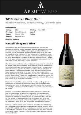 2013 Hanzell Pinot Noir Hanzell Vineyards, Sonoma Valley, California Wine