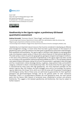 Geodiversity in the Liguria Region: a Preliminary GIS-Based Quantitative Assessment