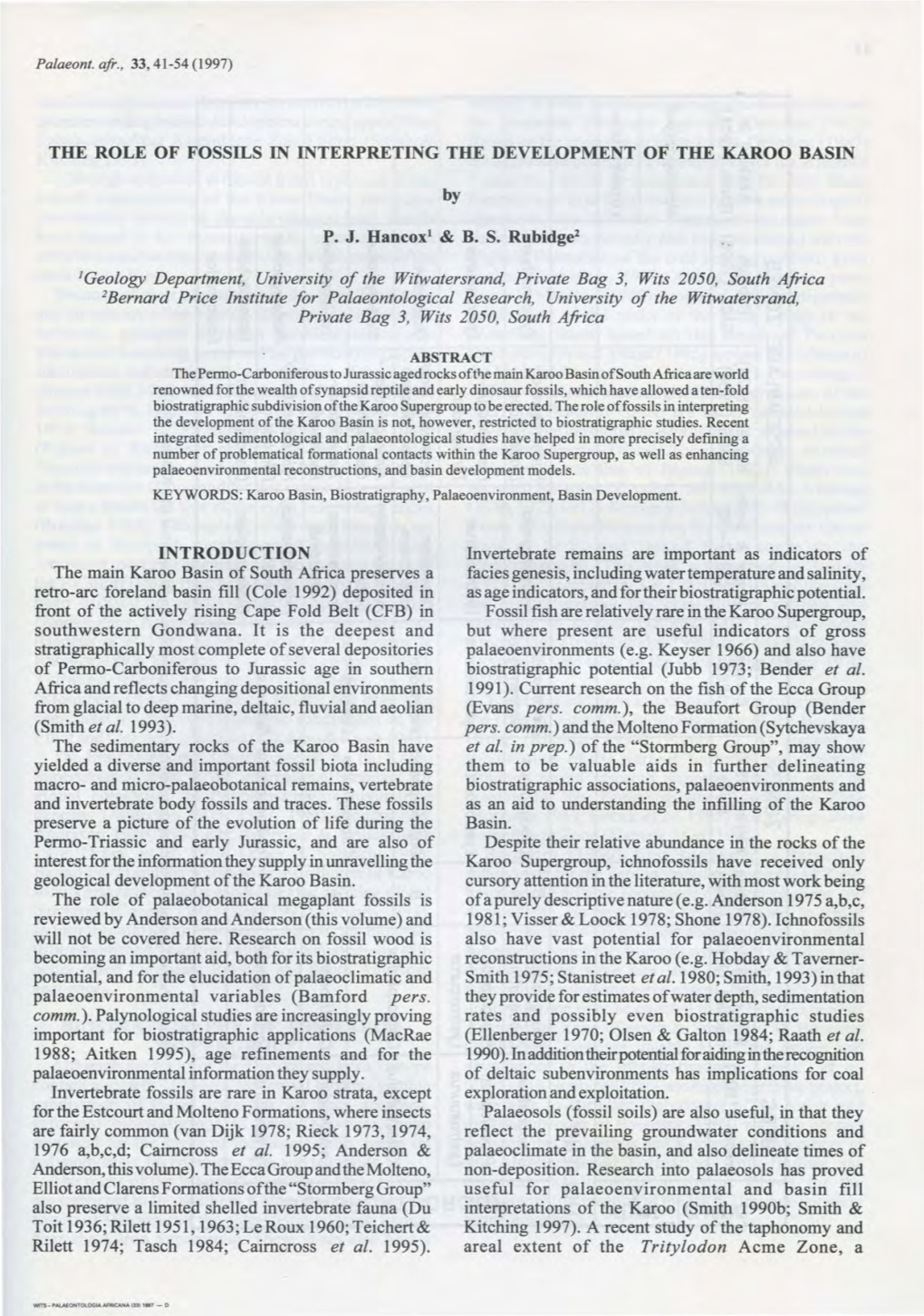 The Role of Fossils in Interpreting the Development of the Karoo Basin