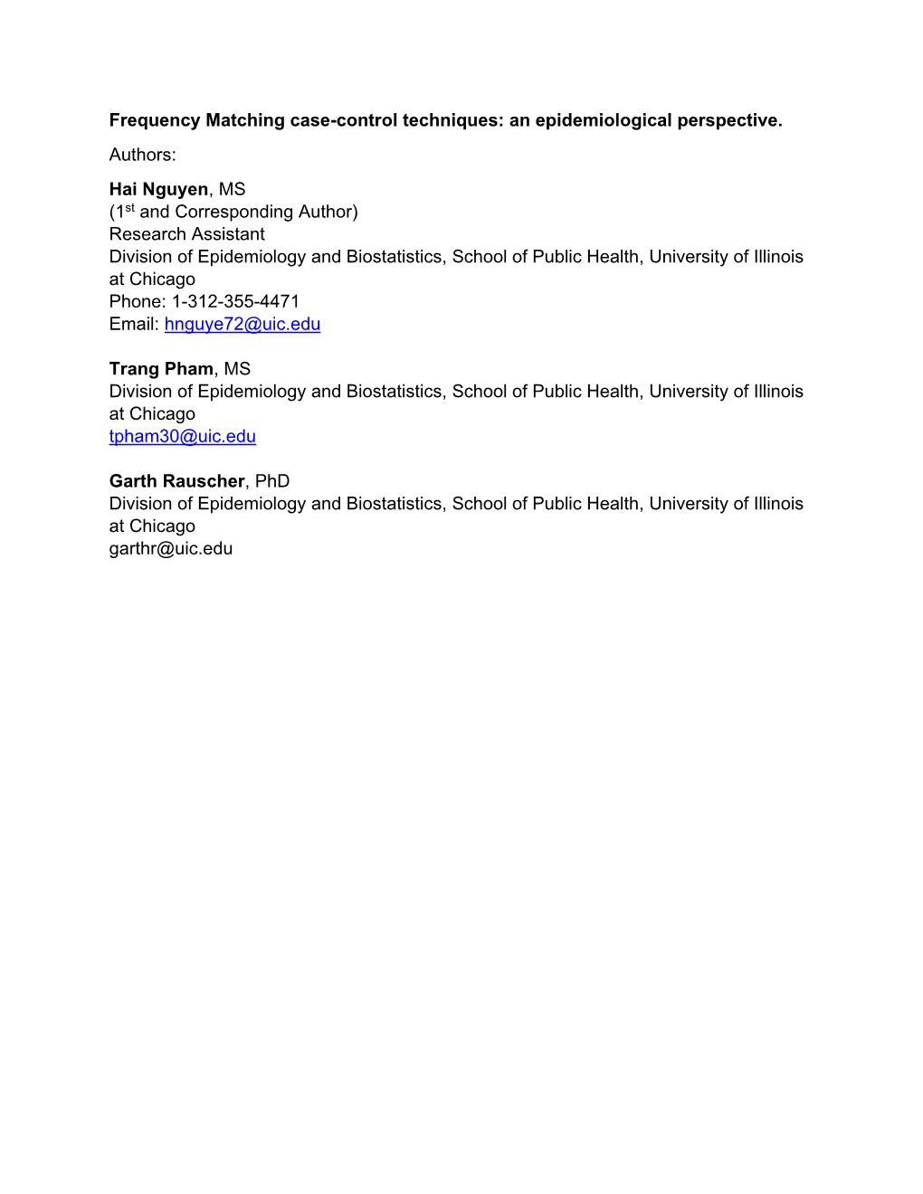 Frequency Matching Case-Control Techniques: an Epidemiological Perspective