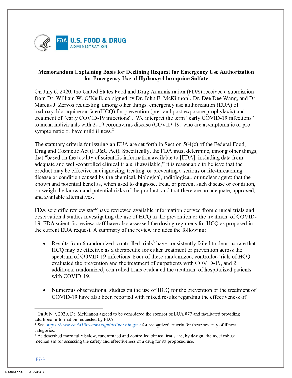 Memorandum Explaining Basis for Declining Request for Emergency Use Authorization for Emergency Use of Hydroxychloroquine Sulfate