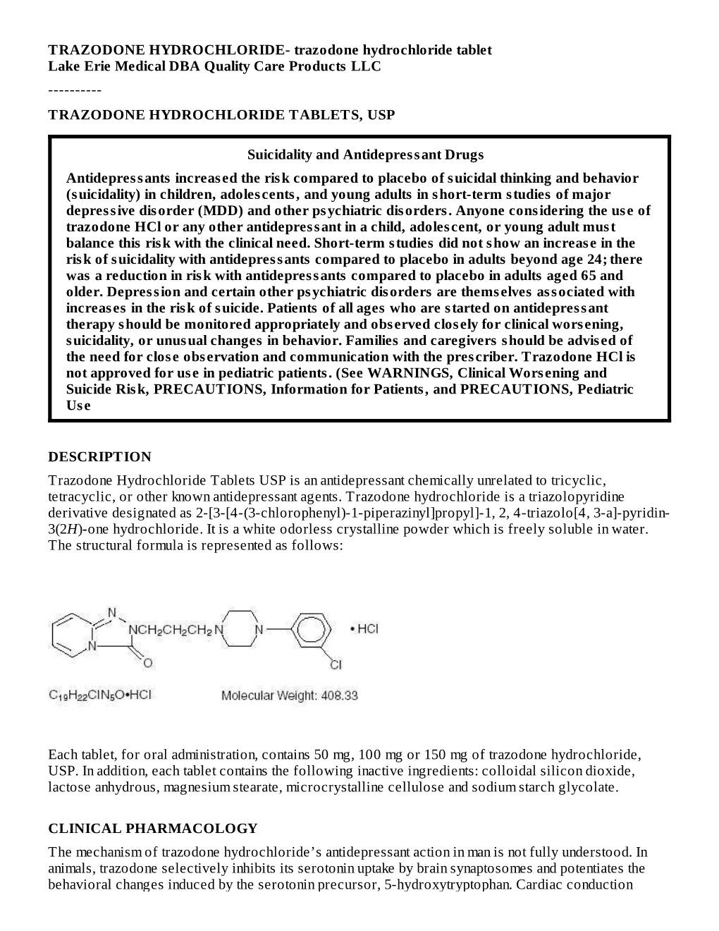 Trazodone Hydrochloride Tablets, Usp