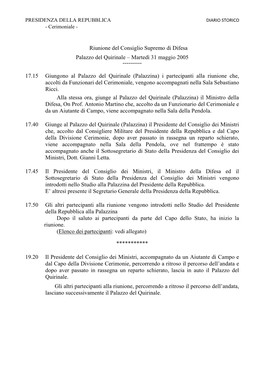 Riunione Del Consiglio Supremo Di Difesa Palazzo Del Quirinale – Martedì 31 Maggio 2005