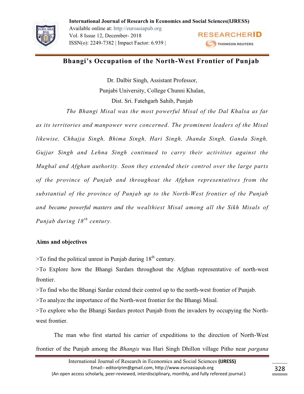 328 Bhangi's Occupation of the North-West Frontier of Punjab