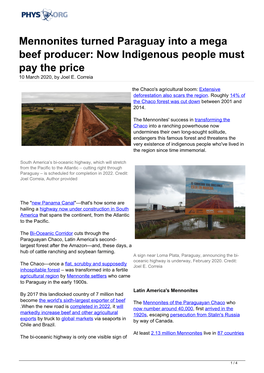 Mennonites Turned Paraguay Into a Mega Beef Producer: Now Indigenous People Must Pay the Price 10 March 2020, by Joel E