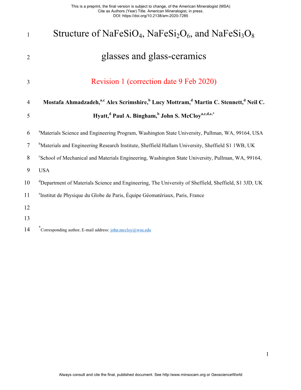 Structure of Nafesio4, Nafesi2o6, and Nafesi3o8 Glasses and Glass