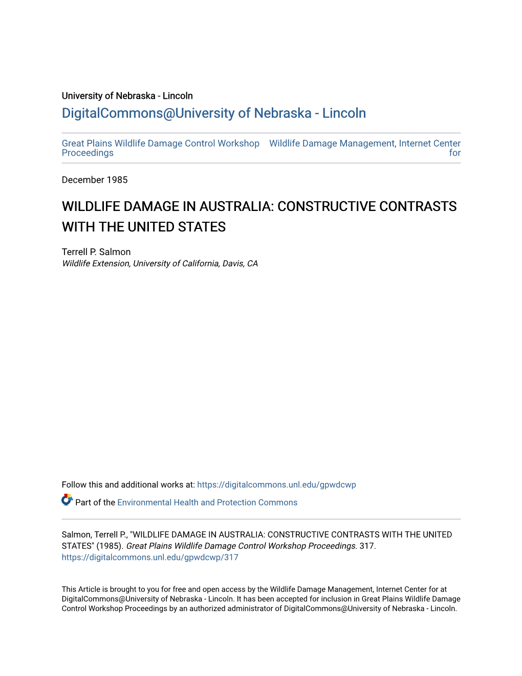 Wildlife Damage in Australia: Constructive Contrasts with the United States