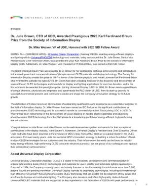 Dr. Julie Brown, CTO of UDC, Awarded Prestigious 2020 Karl Ferdinand Braun Prize from the Society of Information Display