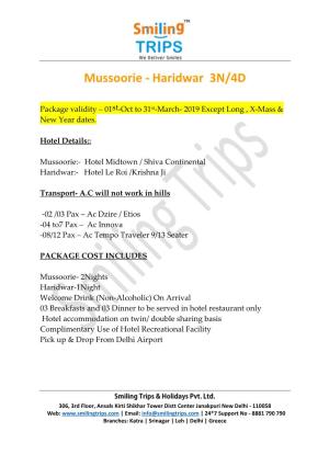 Mussoorie - Haridwar 3N/4D