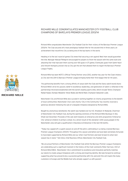 Richard Mille Congratulates Manchester City Football Club Champions of Barclays Premier League 2013/14