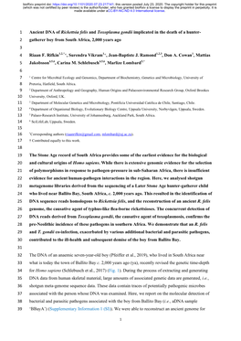 Ancient DNA of Rickettsia Felis and Toxoplasma Gondii Implicated in the Death of a Hunter- 2 Gatherer Boy from South Africa, 2,000 Years Ago 3 4 Riaan F