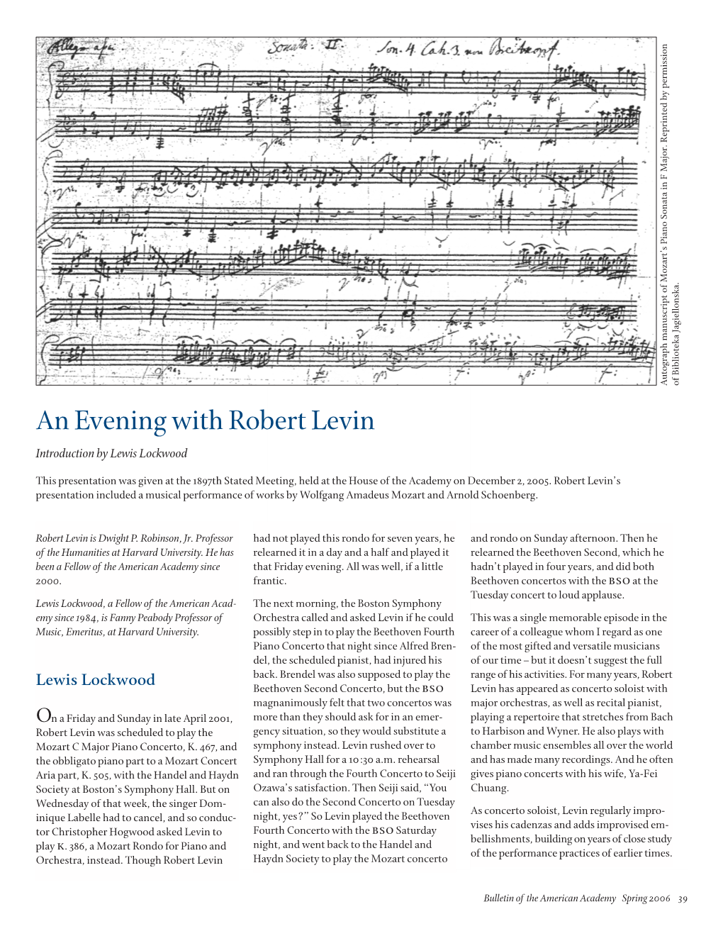 An Evening with Robert Levin Introduction by Lewis Lockwood