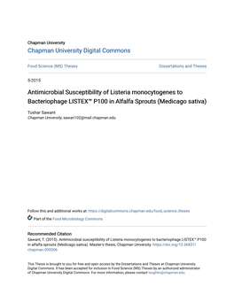 Antimicrobial Susceptibility of Listeria Monocytogenes to Bacteriophage LISTEX™ P100 in Alfalfa Sprouts (Medicago Sativa)