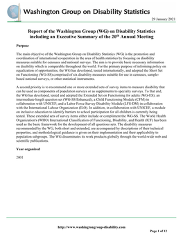Report of the Washington Group (WG) on Disability Statistics Including an Executive Summary of the 20Th Annual Meeting