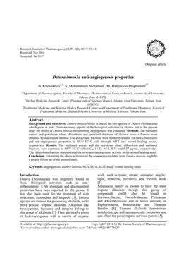 Datura Innoxia Anti-Angiogenesis Properties