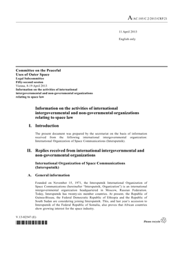 Information on the Activities of International Intergovernmental and Non-Governmental Organizations Relating to Space Law