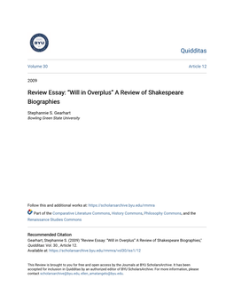 Review Essay:“Will in Overplus” a Review of Shakespeare Biographies