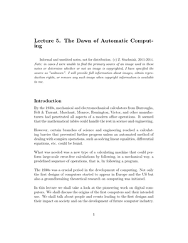 Lecture 5. the Dawn of Automatic Comput- Ing