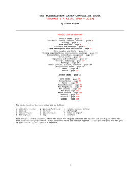 The Northeastern Caver Cumulative Index (Volumes I – Xliv, 1969 – 2013)