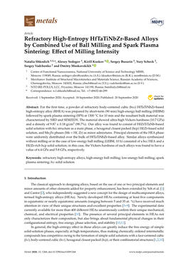 Refractory High-Entropy Hftatinbzr-Based Alloys by Combined Use of Ball Milling and Spark Plasma Sintering: Eﬀect of Milling Intensity