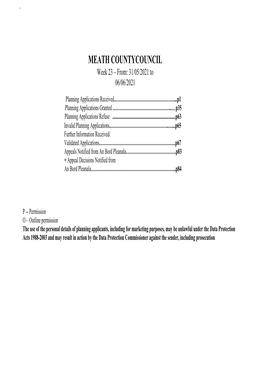 MEATH COUNTYCOUNCIL Week 23 – From: 31/05/2021 to 06/06/2021