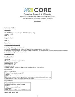 Submission Data for 2020-2021 CORE Conference Ranking Process ACM Symposium on Principles of Distributed Computing Jennifer Welc