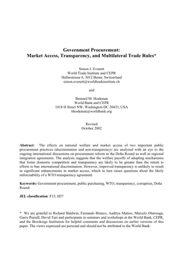 Government Procurement: Market Access, Transparency, and Multilateral Trade Rules*